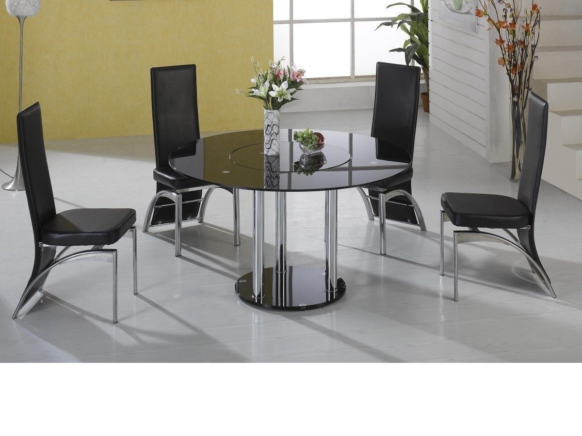 2018 Lazy Susan Round Black Glass Dining Table And 4 Black Faux Chairs Regarding Round Black Glass Dining Tables And 4 Chairs (Photo 1 of 25)