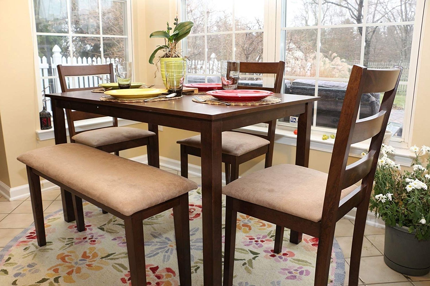 Amazon – 5pc Dining Dinette Table Chairs & Bench Set Walnut Inside Well Known Walnut Dining Tables And Chairs (View 2 of 25)