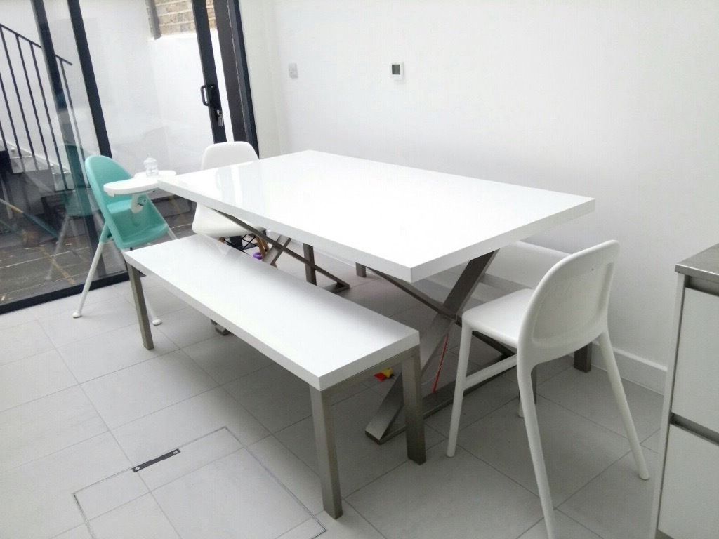 Cheap White High Gloss Dining Tables Pertaining To 2018 Dwell Crossed Leg Gloss Dining Table White + 2 Manhattan High Gloss Benches (Photo 21 of 25)