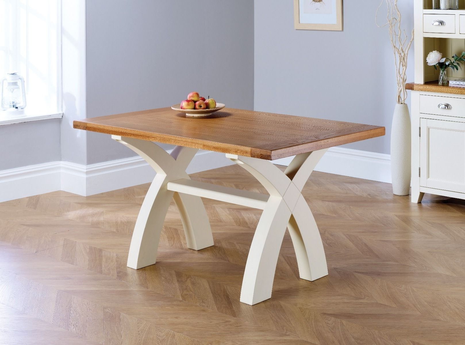 Country Oak 140cm Cream Painted Cross Leg Square Ended Dining Table For Fashionable Cream And Oak Dining Tables (Photo 22 of 25)