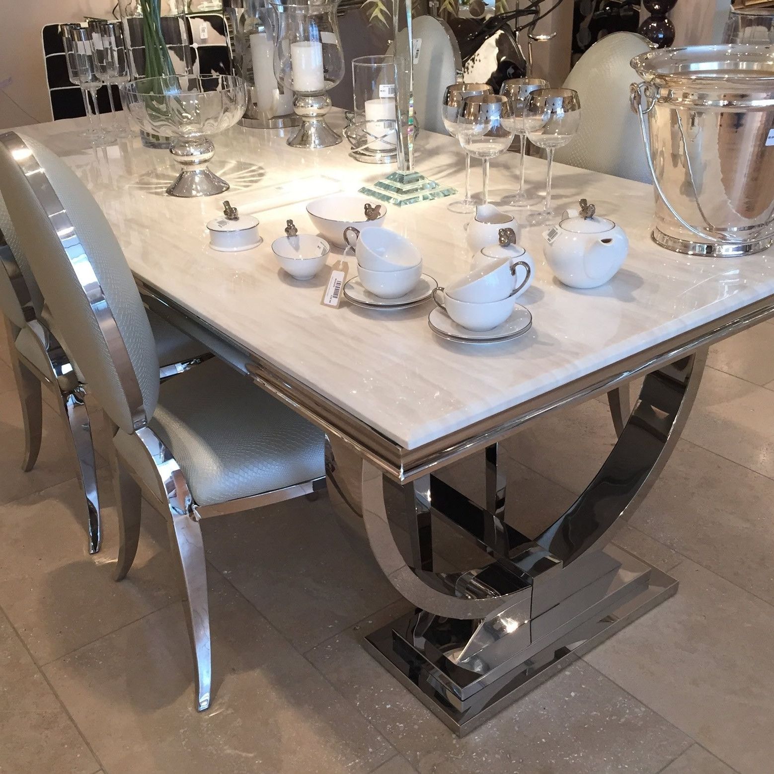 Cream Marble And Chrome Dining Table With U Shaped Legs (View 1 of 25)
