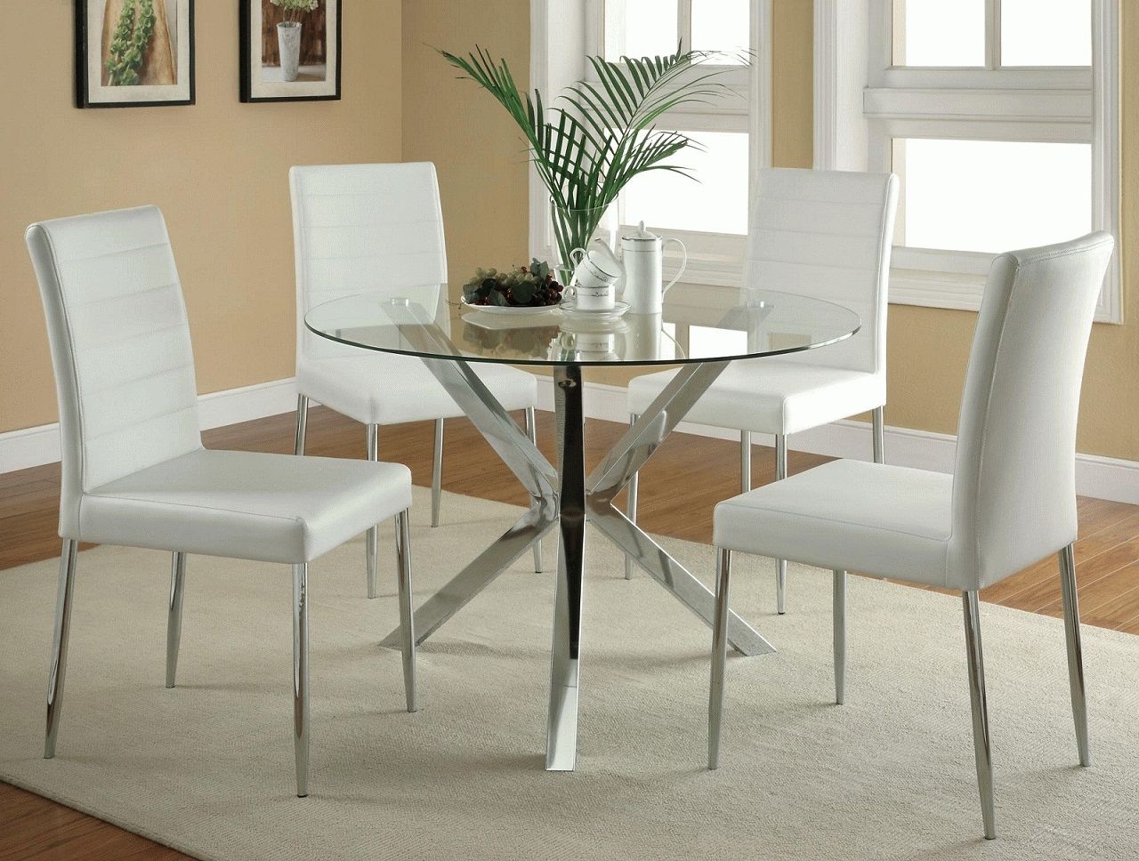Current Set Chrome / Glass Dining Table W/ Black Or White Chairs Inside Glass Dining Tables White Chairs (View 3 of 25)