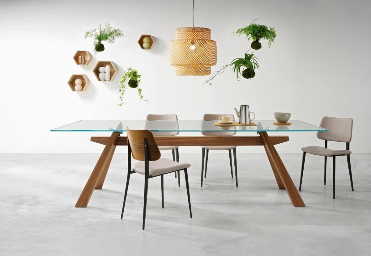 Dining Table With Wooden Structure And Top Made Of Glass (View 16 of 25)