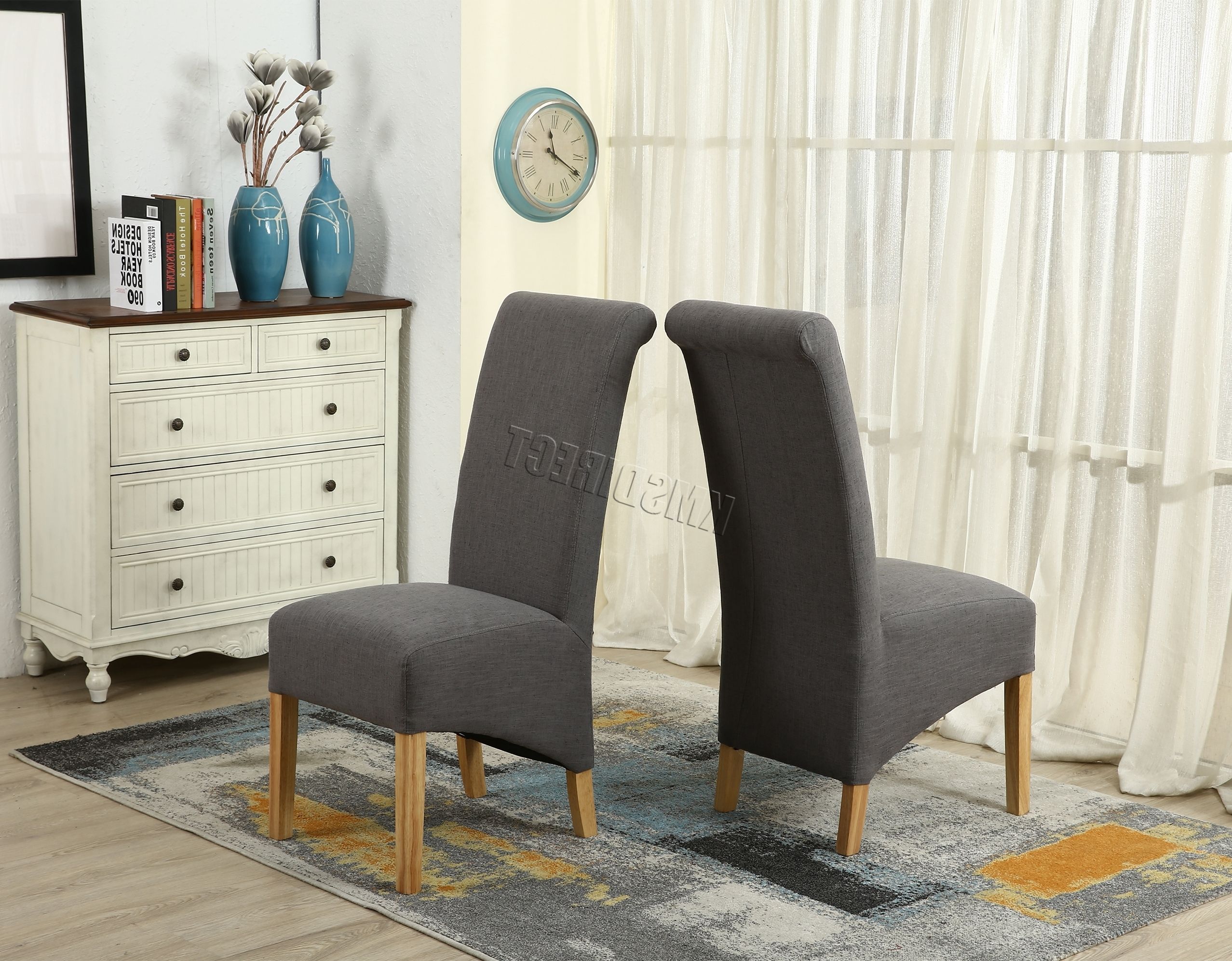 Fabric Dining Chairs Within Fashionable Cosmetic Damage Grey Fabric Dining Chairs Scroll High Back Springed Seat X2 (Photo 1 of 25)