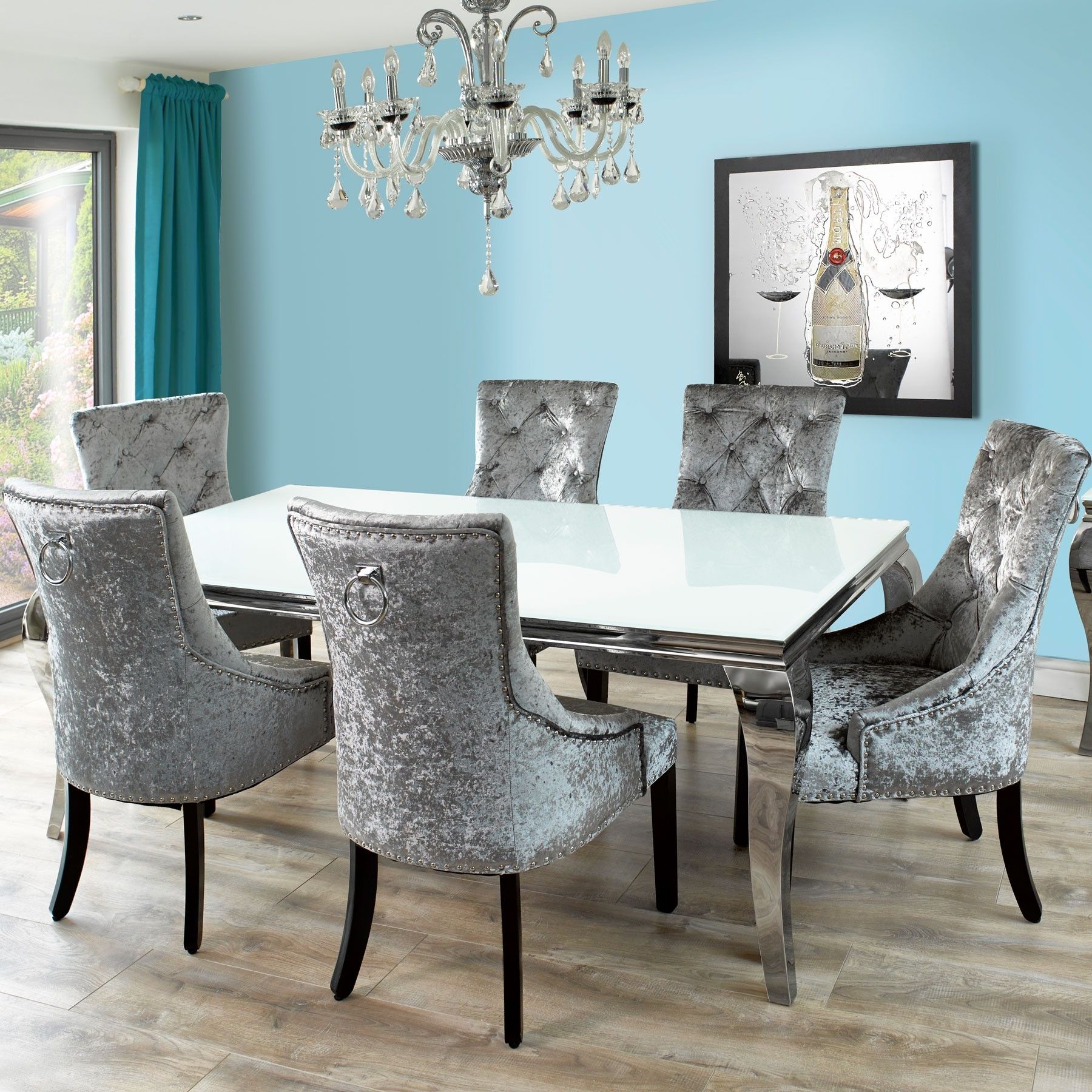 Fadenza White Glass Dining Table And 6 Silver Chairs With Rush Seat With Widely Used Blue Glass Dining Tables (View 14 of 25)