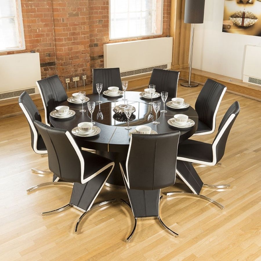 Famous Modern Large Round Black Oak Dining Table + 8 High Back/white Z Throughout 8 Dining Tables (Photo 10 of 25)