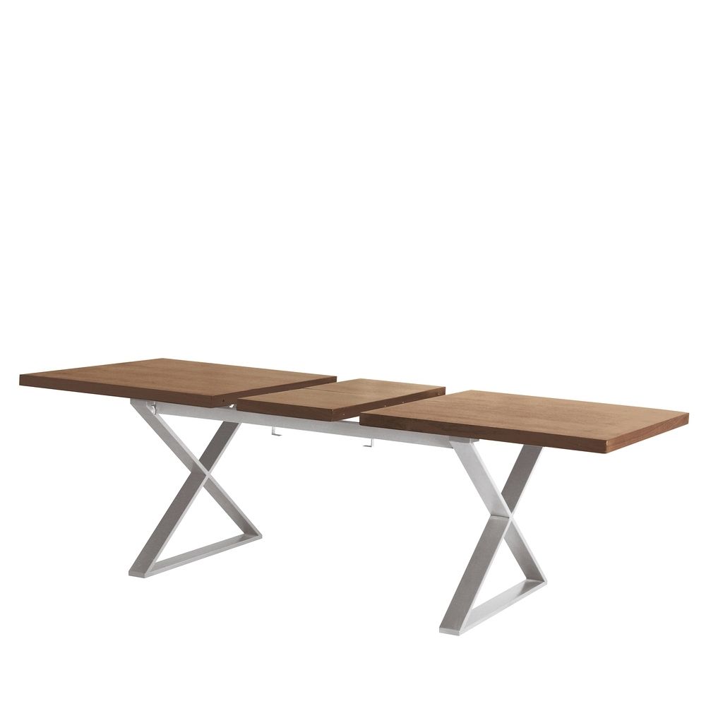 Fashionable Crossed Leg Walnut Extending 6 10 Seater Dining Table Brushed Steel Pertaining To Brushed Steel Dining Tables (View 20 of 25)