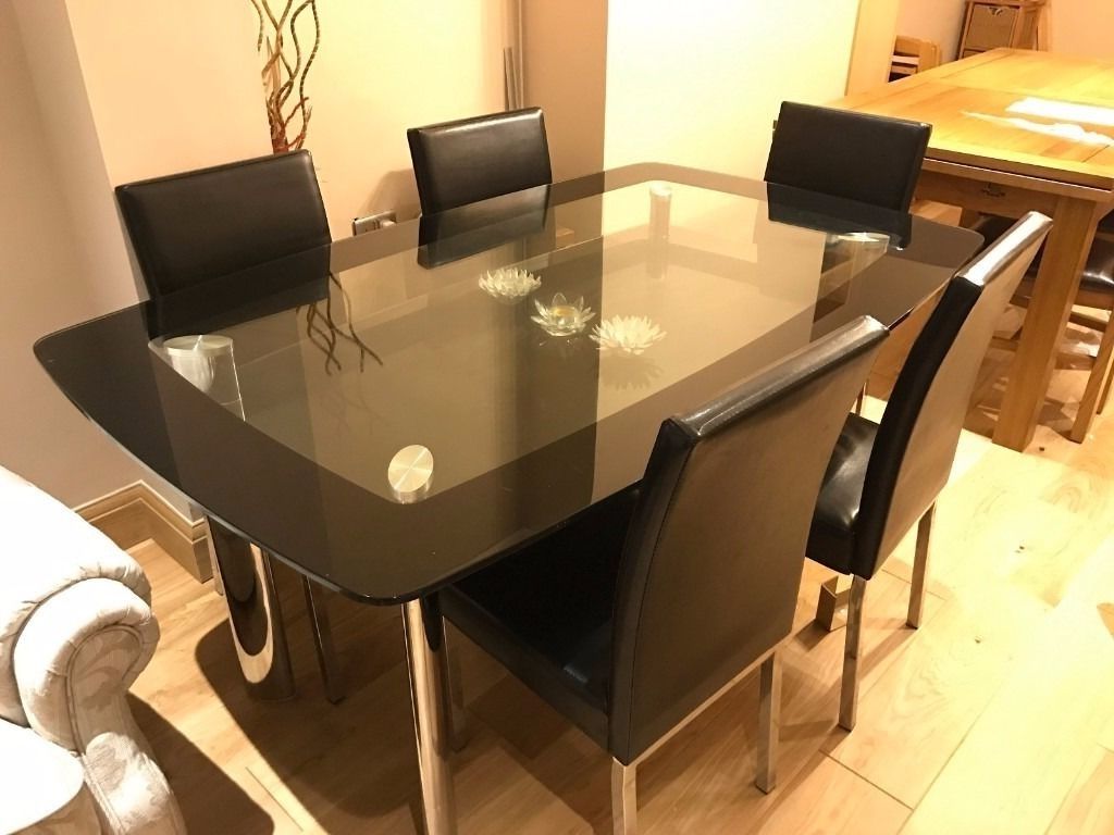 Glass Dining Table Set With 6 Chairs – Black And Chrome Finish Intended For Trendy Glass Dining Tables 6 Chairs (Photo 19 of 25)