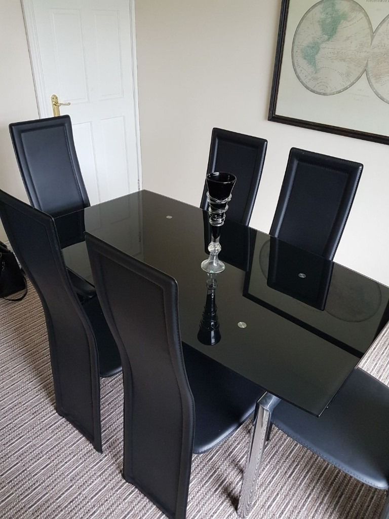 Harveys Milan Black Glass & Chrome Extending Dining Table With 6 Pertaining To Trendy Black Extending Dining Tables (View 9 of 25)