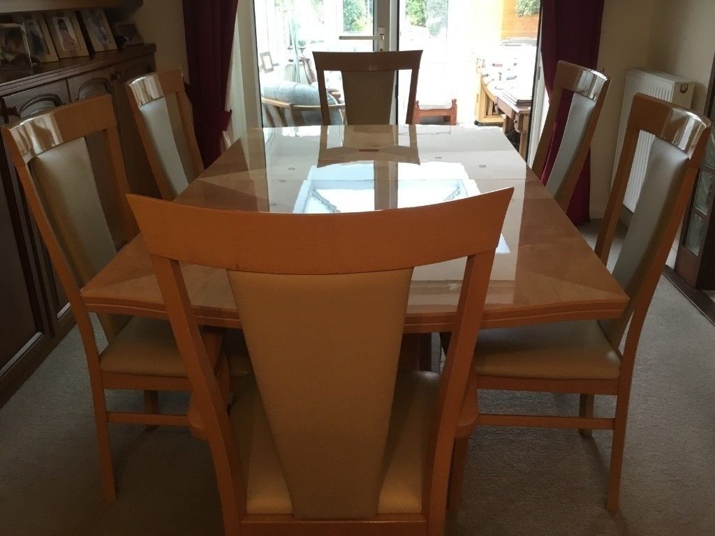 High Gloss, Light Coloured Centre Pedestal Dining Table, 8 Chairs Inside Widely Used Colourful Dining Tables And Chairs (View 24 of 25)