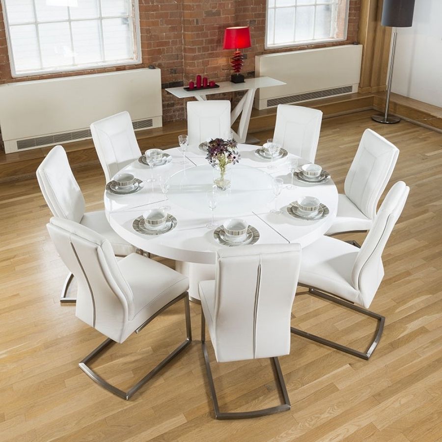 Large Round White Gloss Dining Table Lazy Susan, 8 White Chairs 4110 Intended For Most Current 8 Dining Tables (Photo 20 of 25)