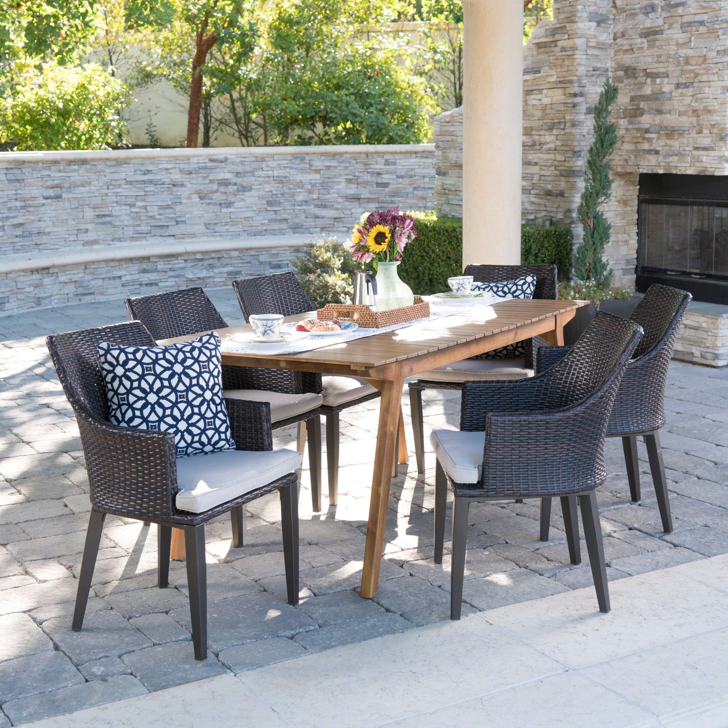 Latest Shop Hemlock Outdoor 7 Piece Rectangle Wicker Wood Dining Set With Pertaining To Crawford 7 Piece Rectangle Dining Sets (Photo 23 of 25)
