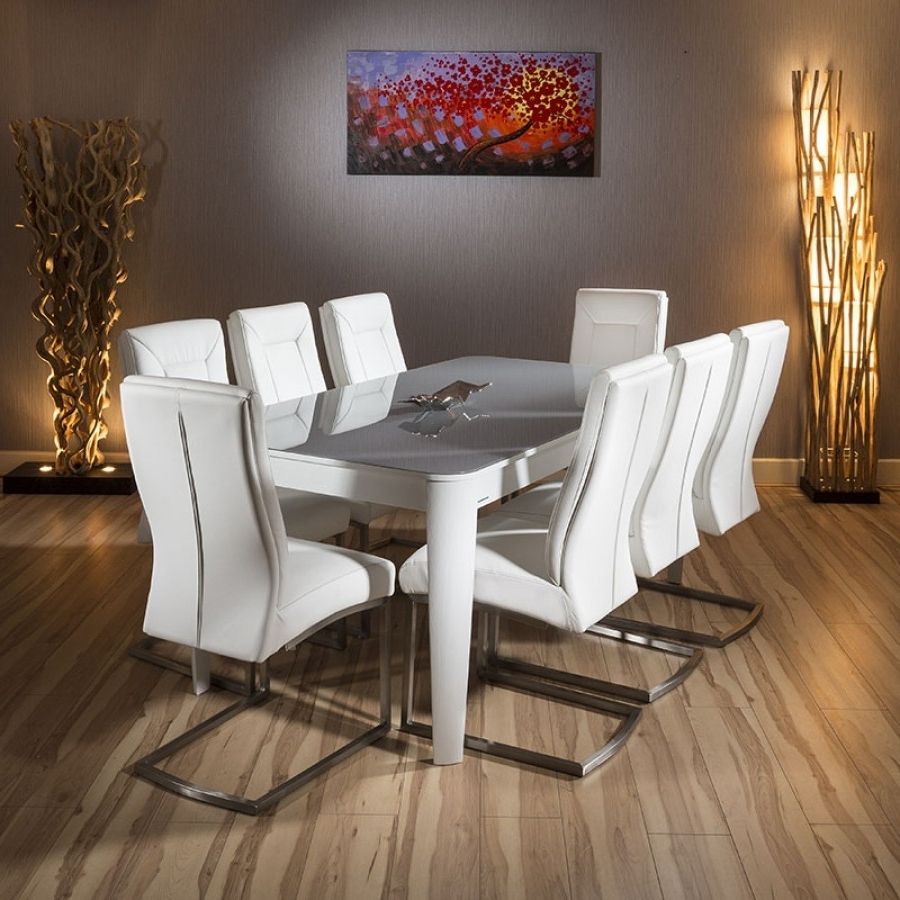Luxury 1.8 2.8 Extending Glass Top Dining Table Set White 8 Chairs Pertaining To Well Known 8 Chairs Dining Sets (Photo 22 of 25)