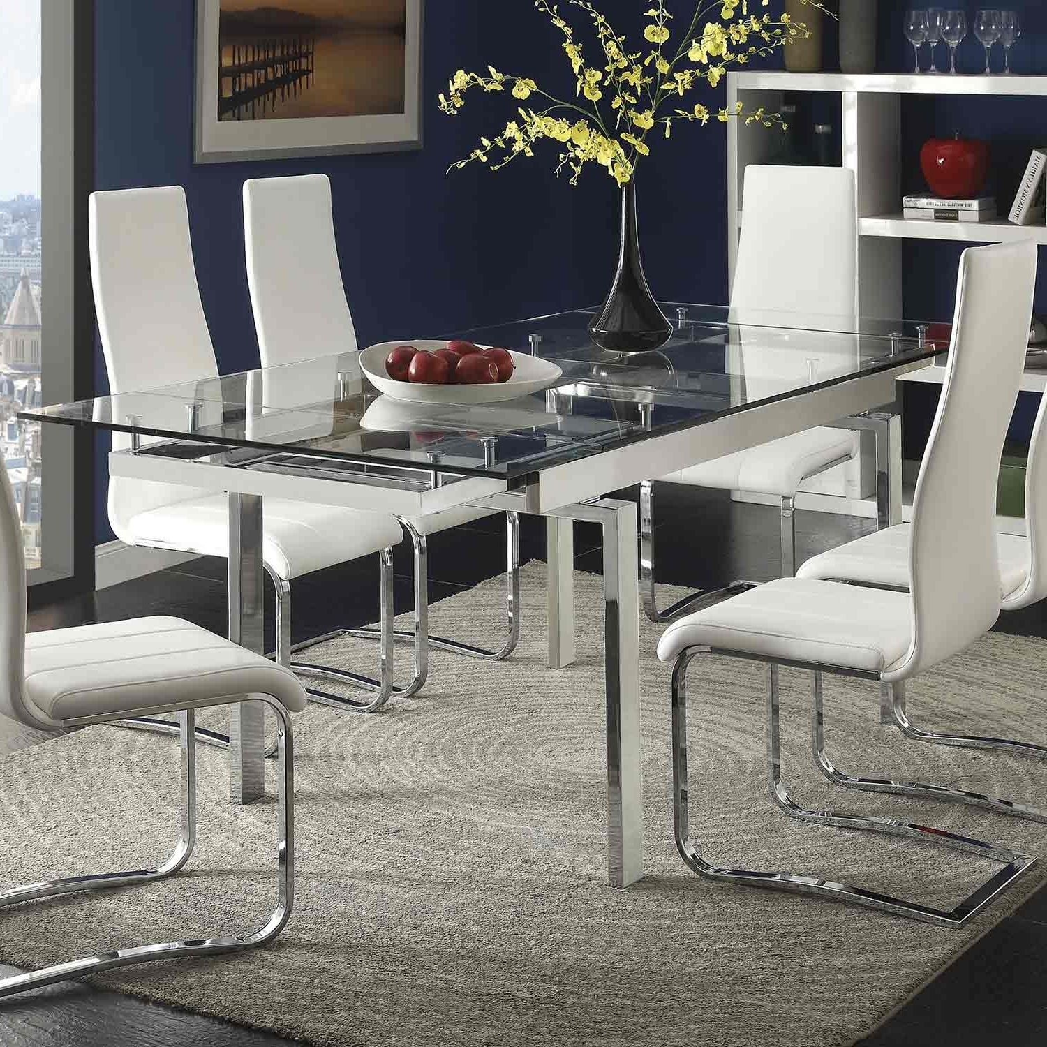 Most Current Glass And Chrome Dining Tables And Chairs Inside Coaster Wexford Rectangular Expandable Glass Dining Table – Chrome (View 5 of 25)