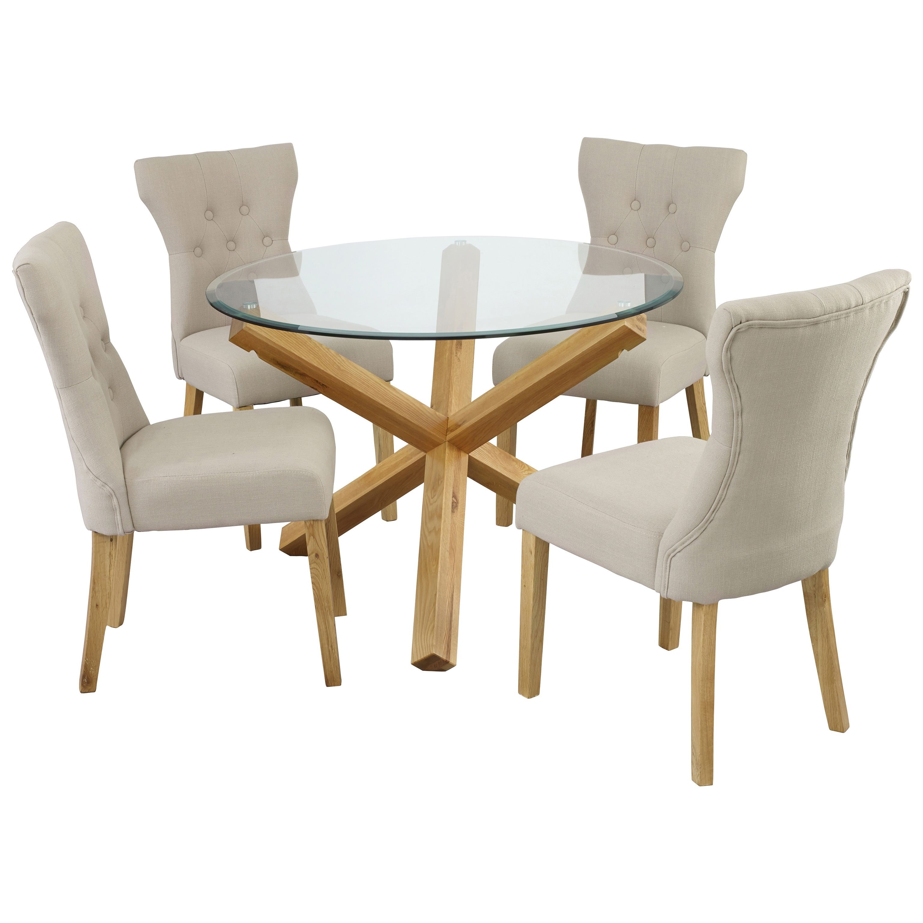 Most Current Oak Glass Dining Tables With Oak & Glass Round Dining Table And Chair Set With 4 Fabric Seats (Photo 1 of 25)