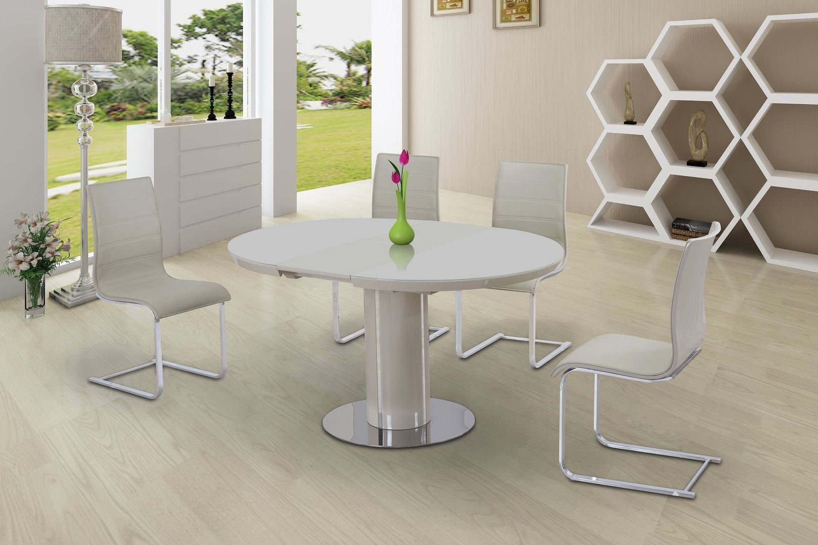 Most Recently Released Round Cream Glass High Gloss Dining Table & 4 Chairs – Homegenies Pertaining To High Gloss Round Dining Tables (Photo 1 of 25)