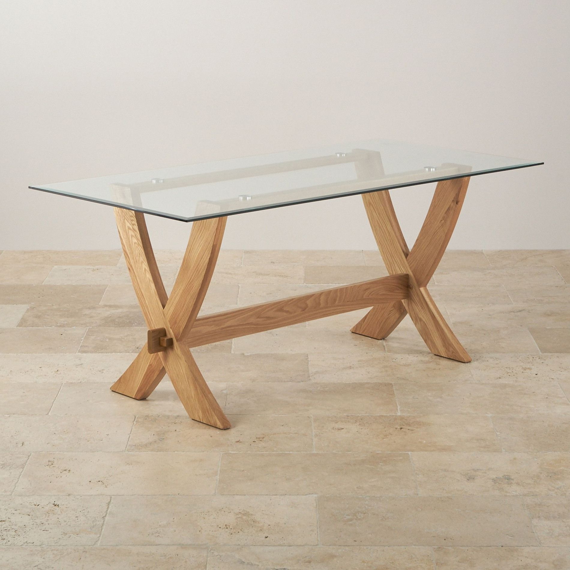 Newest Glass Oak Dining Tables For Reflection Glass Top And Natural Solid Oak 6ft X 3ft Crossed Leg (View 5 of 25)