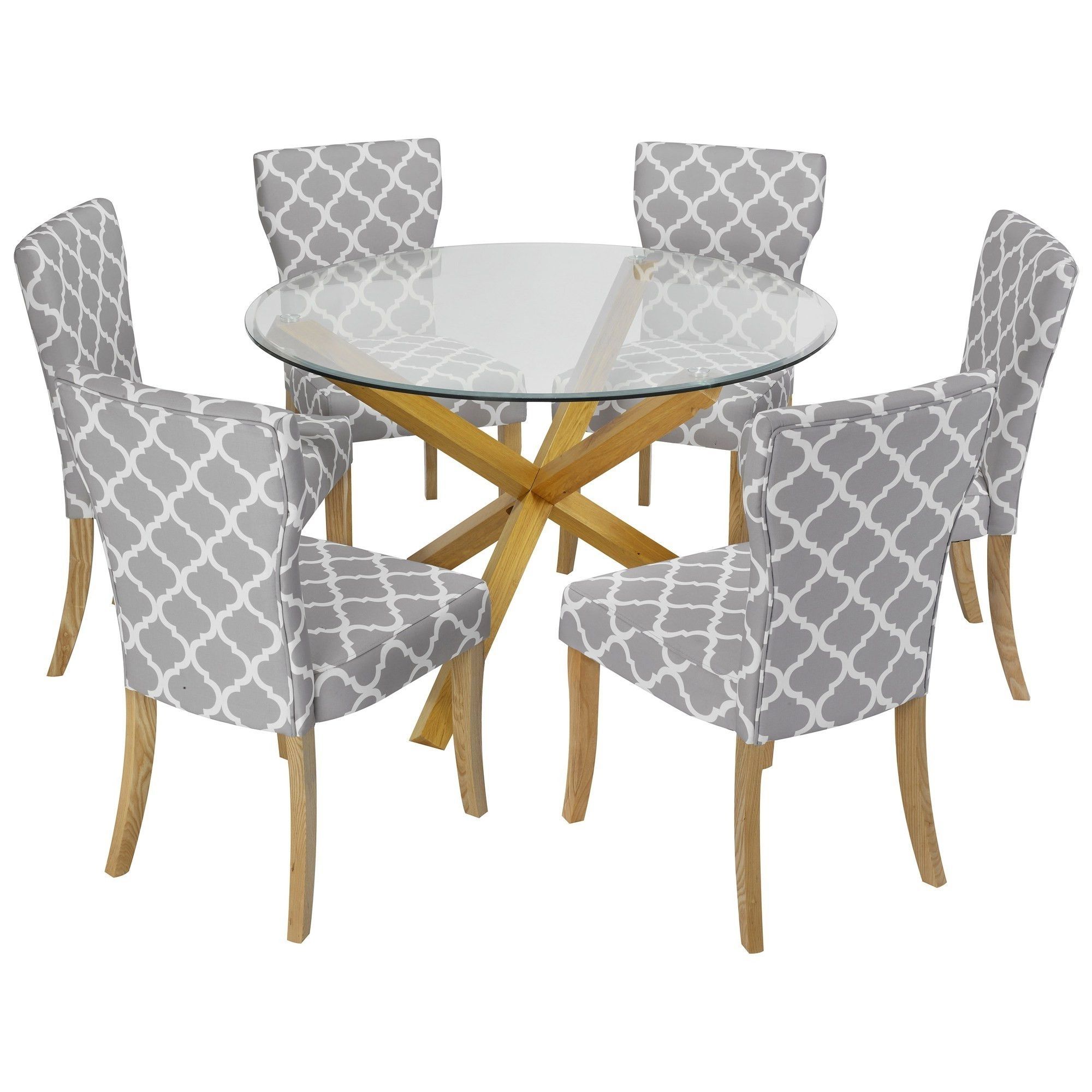 Newest Solid Oak & Glass Round Dining Table And Chair Set With 6 Grey Throughout Round Glass Dining Tables With Oak Legs (View 24 of 25)