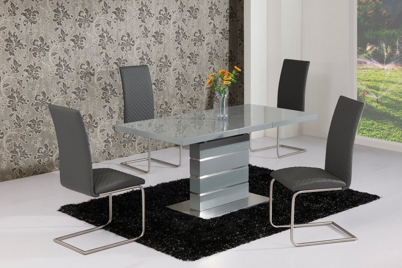 Popular Extending Grey High Gloss Dining Table And 4 Grey Chairs For Grey Dining Tables (View 9 of 25)