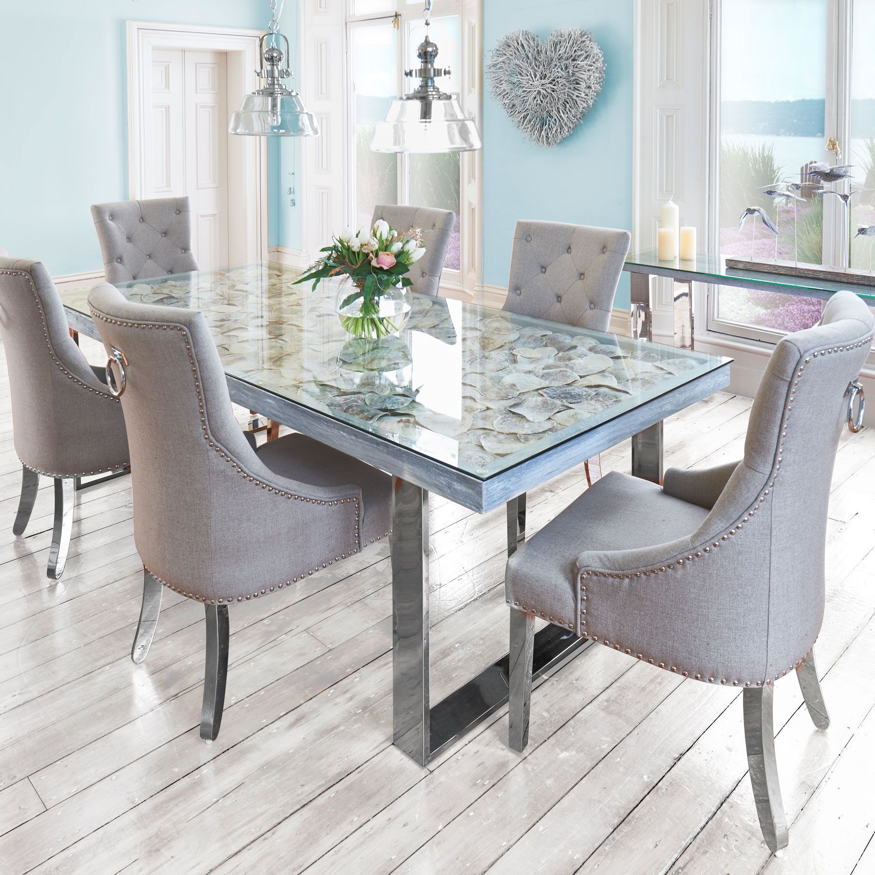 Sacramento Seashell Top Dining Table & 6 Chairs Within Widely Used Grey Dining Tables (View 11 of 25)