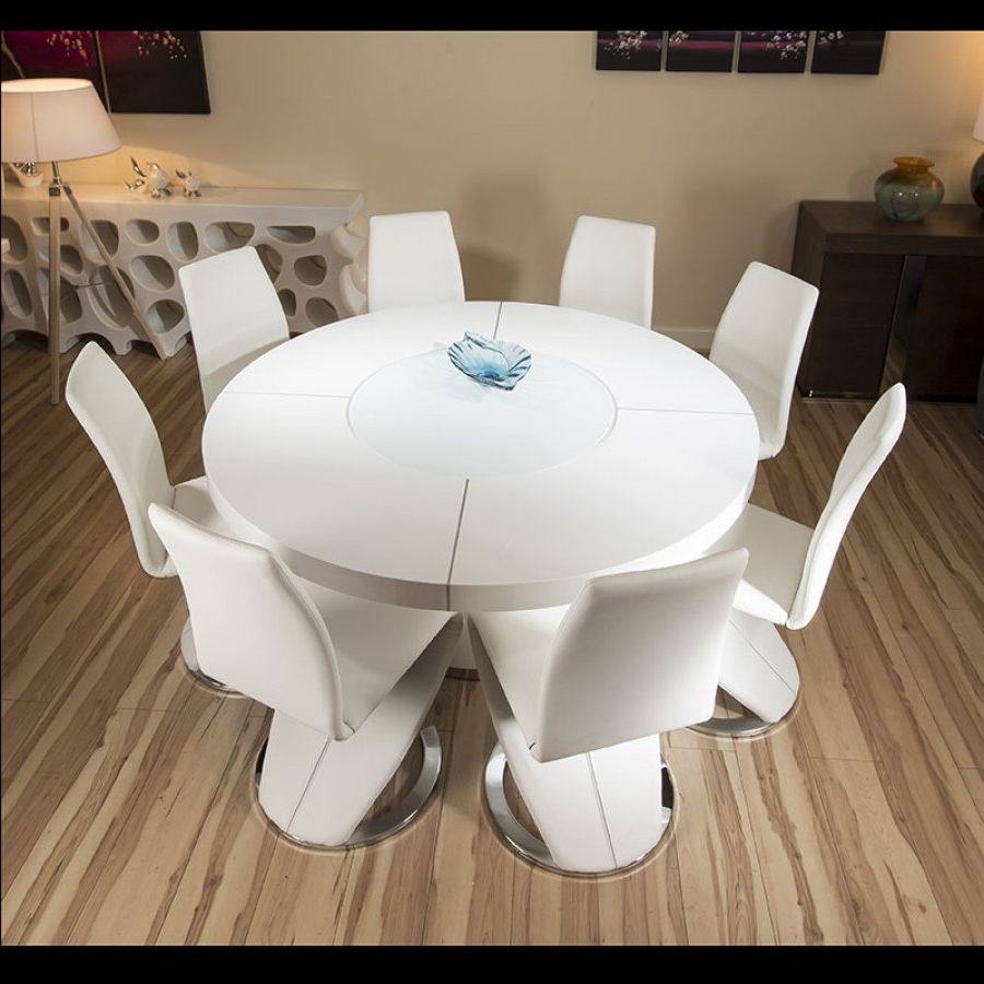 Trendy Large Round White Gloss Dining Table & 8 White Z Shape Dining Chairs Regarding White Gloss Dining Tables (Photo 3 of 25)