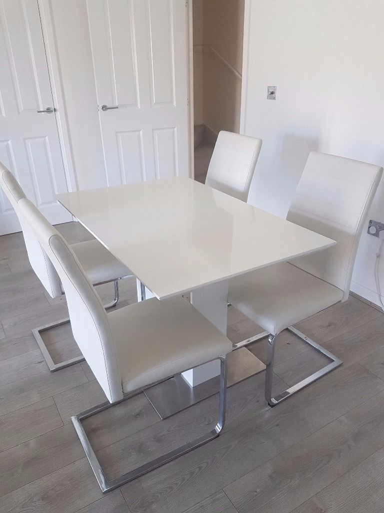 Trendy White Gloss Extending Dining Table With 4 Alcora Chairs (Photo 16 of 25)