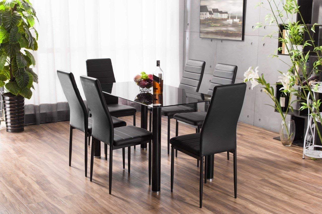 Well Known Lunar Rectangle Glass Dining Table Set And 6 Black Faux Leather With Regard To 6 Seat Dining Table Sets (Photo 19 of 25)