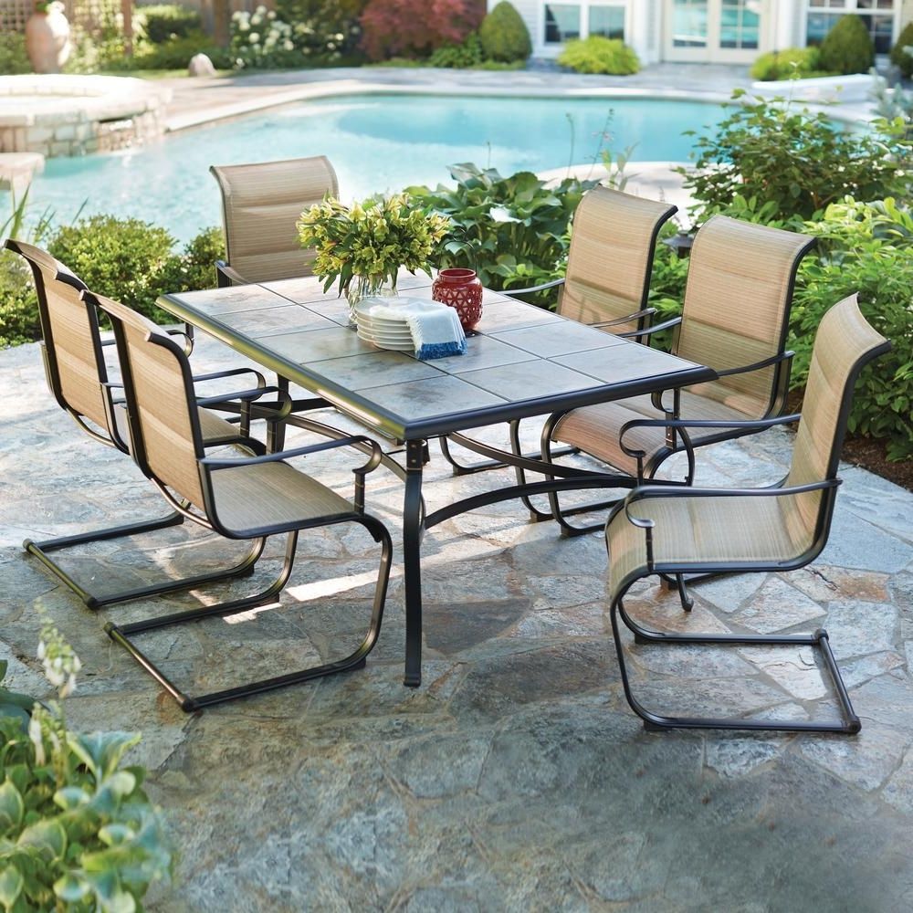 Well Liked Outdoor Dining Table And Chairs Sets Pertaining To Hampton Bay Belleville 7 Piece Padded Sling Outdoor Dining Set (View 1 of 25)