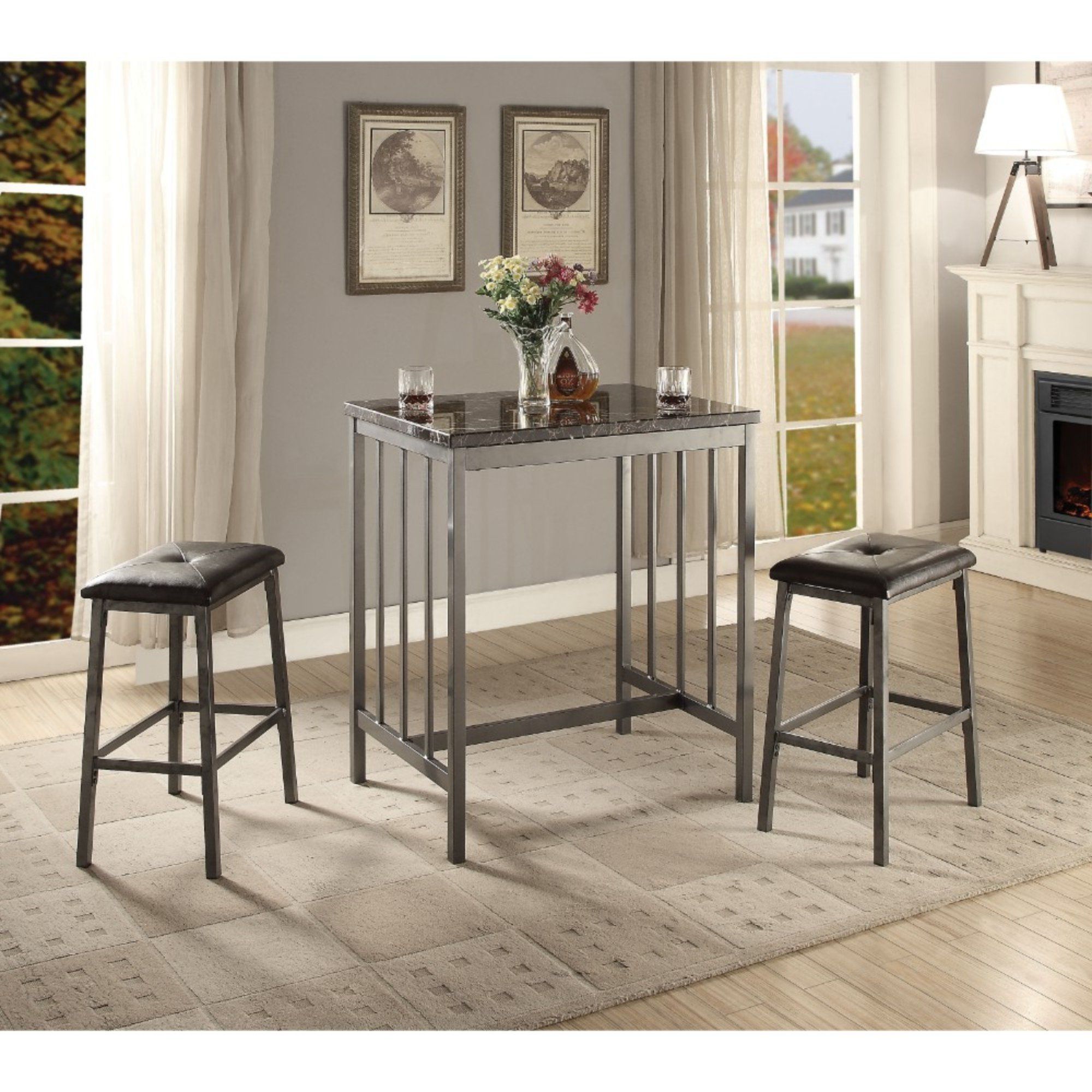 Williston Forge Camper Transitional Faux Marble And Metal Counter Pertaining To Newest Mizpah 3 Piece Counter Height Dining Sets (Photo 8 of 25)