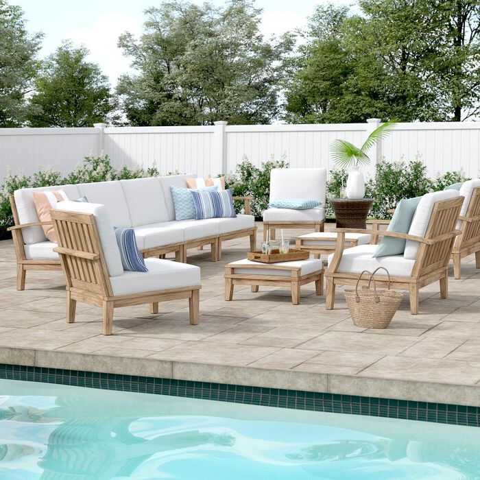 Best And Newest Elaina Cantilever Umbrellas Pertaining To Elaina 10 Piece Teak Sectional Seating Group With Cushions (View 7 of 25)