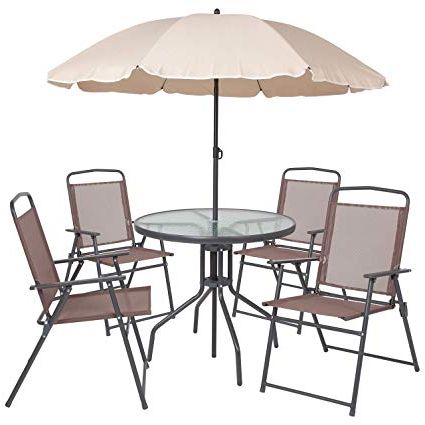 Most Current Breen Market Umbrellas Pertaining To Flash Furniture Nantucket 6 Piece Brown Patio Garden Set With Table, Tan  Umbrella And 4 Folding Chairs (View 14 of 25)