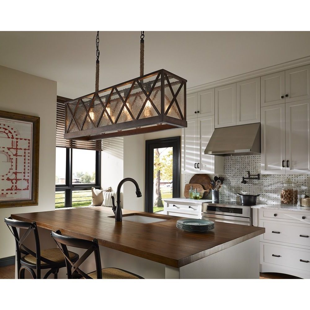 Bouvet 5 Light Kitchen Island Linear Pendants For Famous Seeded Glass Island Light Weathered Oak Oil Rubbed Bronze (View 13 of 25)