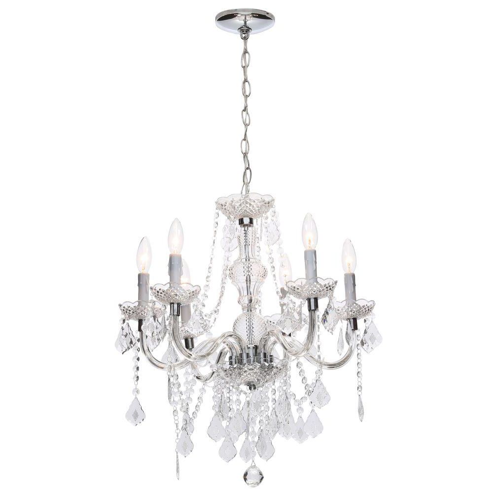 Famous Thresa 5 Light Shaded Chandeliers Regarding Hampton Bay Maria Theresa 6 Light Chrome And Clear Acrylic Chandelier (View 5 of 25)