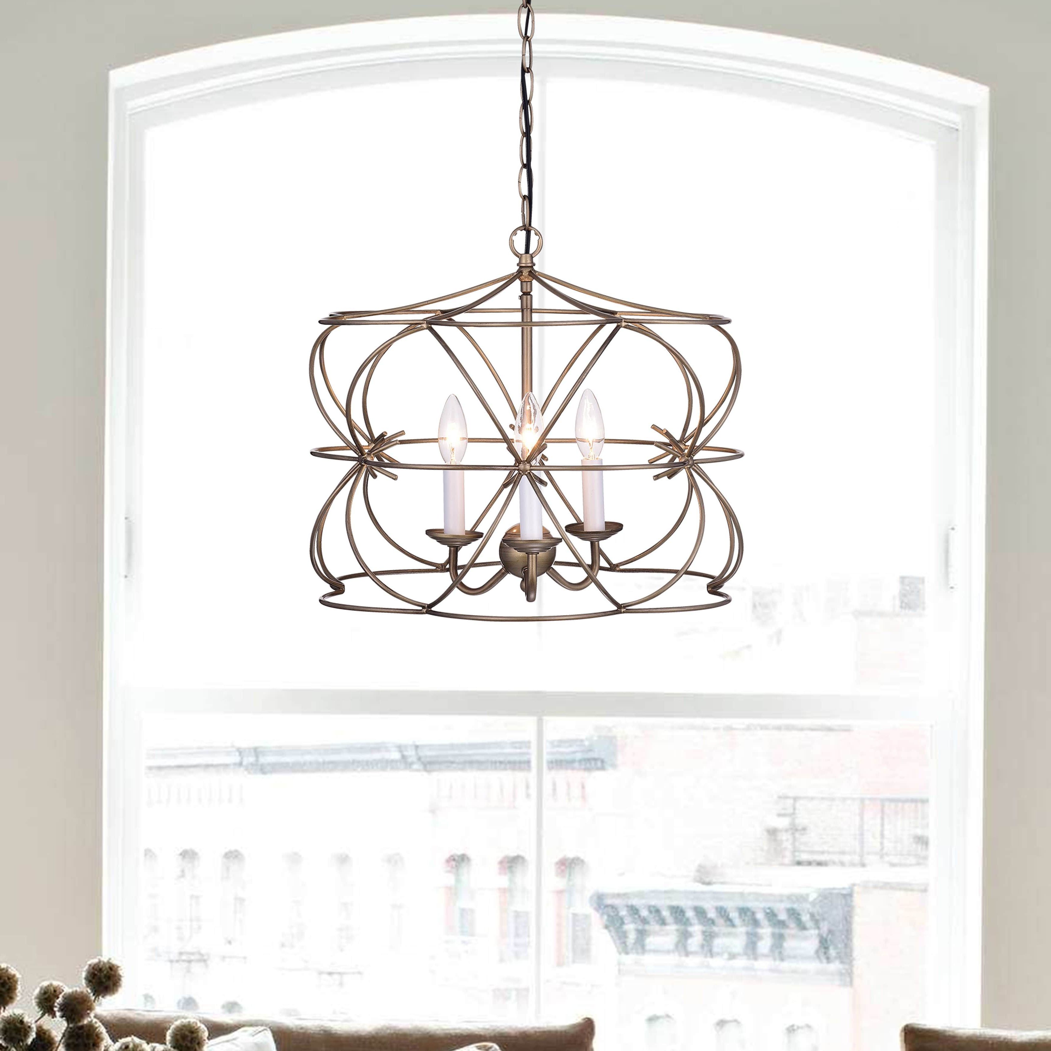 Joshua Antique Copper 3 Light Iron Stem Cage Chandelier In Throughout Newest Waldron 5 Light Globe Chandeliers (View 13 of 25)