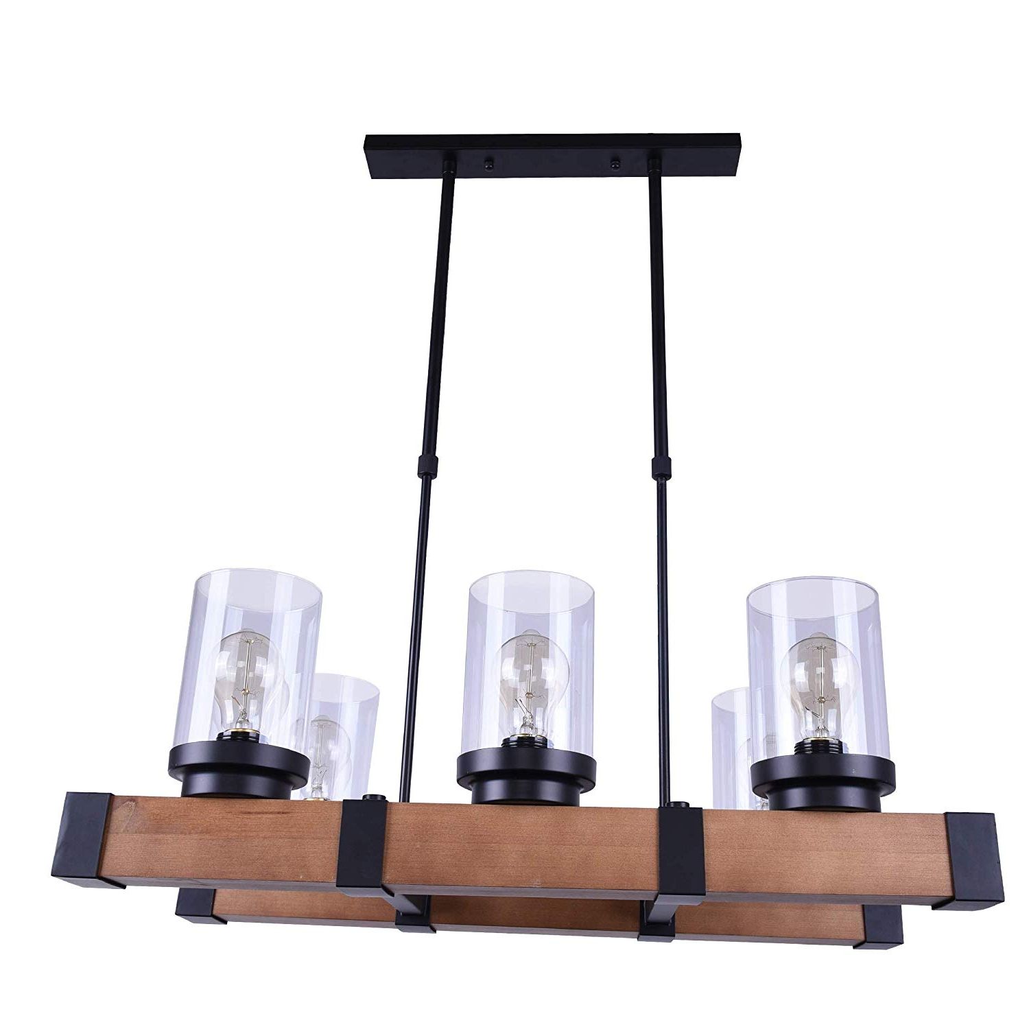 Modern Industrial 6 Light Wooden Glass Kitchen Island Light With Black Iron  Rod Rustic Farmhouse Wood Pendant Chandelier Light Throughout Fashionable Bautista 6 Light Kitchen Island Bulb Pendants (Photo 22 of 25)