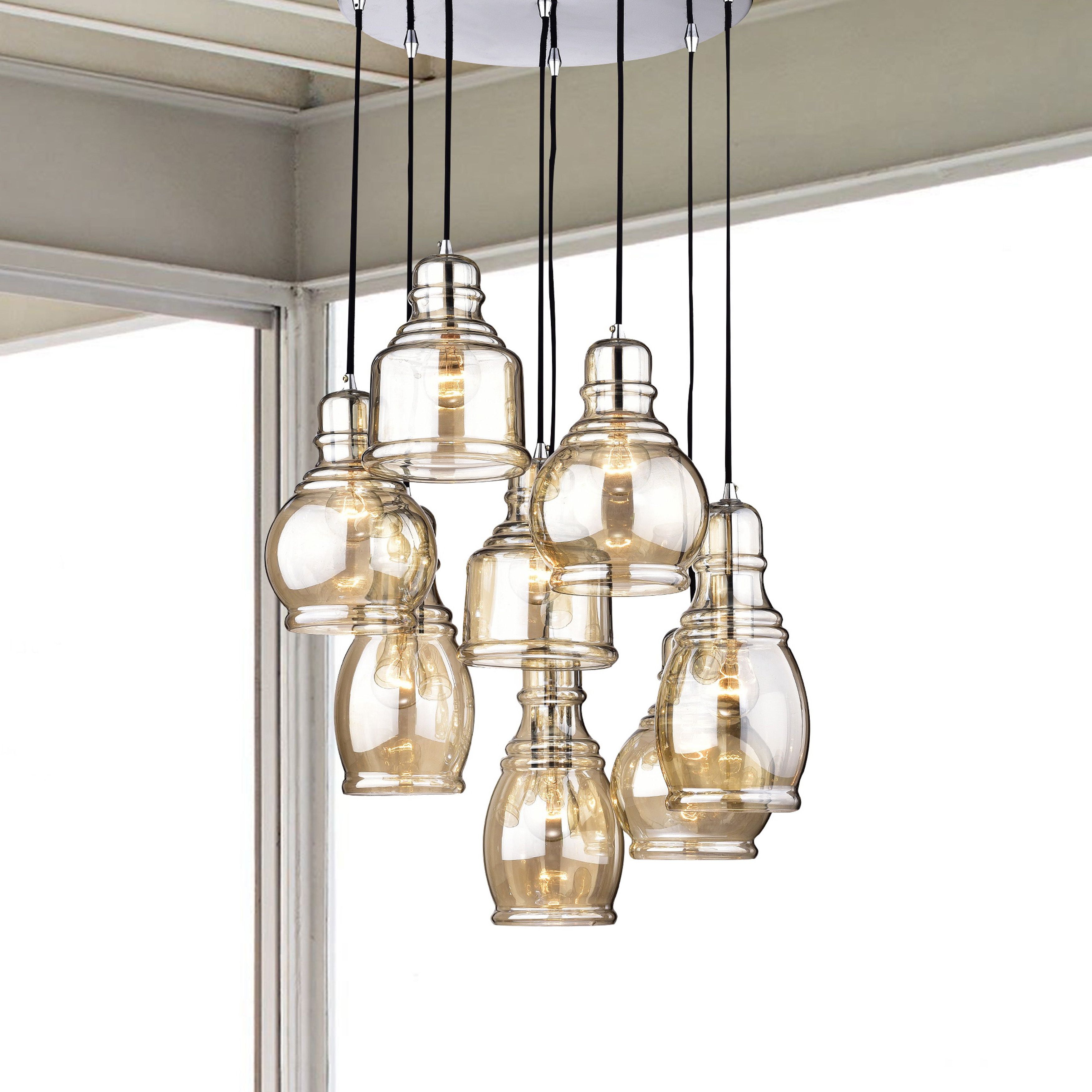 Most Current Mariana 8 Light Cognac Glass Cluster Pendant Chandelier With Chrome Finish  And Round Base Pertaining To Pruett Cognac Glass 8 Light Cluster Pendants (View 5 of 25)