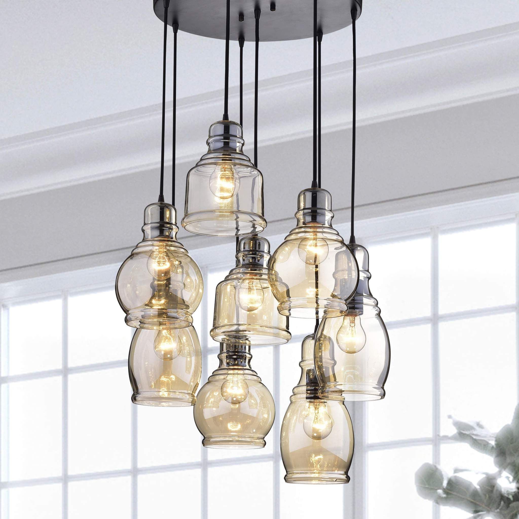 Pruett Cognac Glass 8 Light Cluster Pendants Within Most Recently Released Foyer Lighting Boho – Antique Black Amber Tinted Cluster (View 9 of 25)