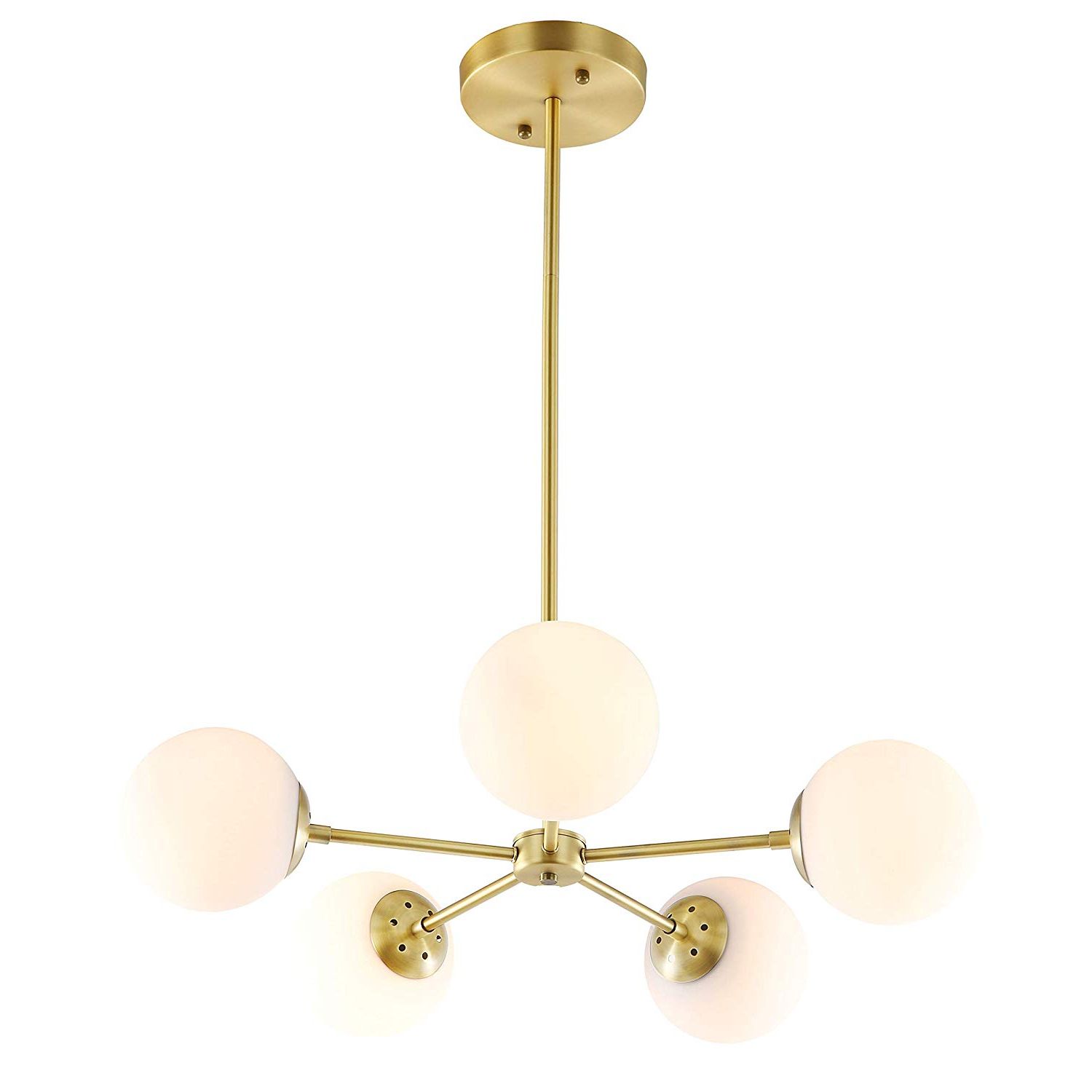 Thresa 5 Light Shaded Chandeliers Within Most Current Light Society Grammercy 5 Light Chandelier Pendant, Brushed Brass With  White Frosted Globes, Classic Mid Century Modern Lighting Fixture (View 20 of 25)