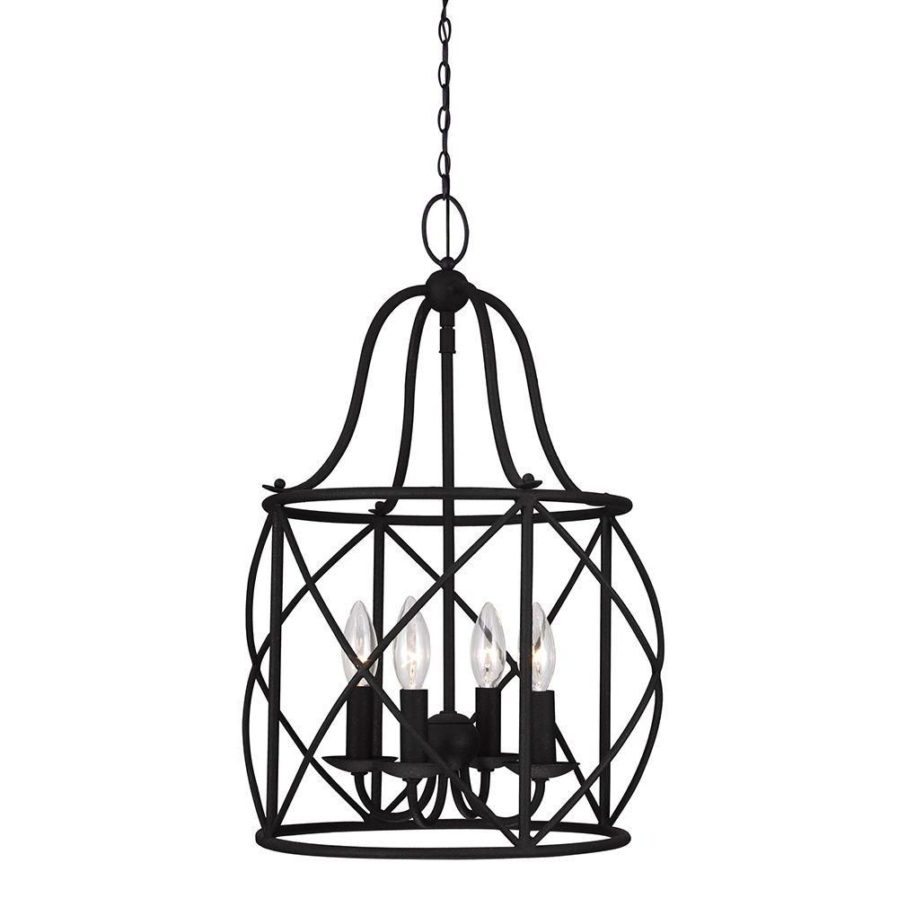 Trendy Sea Gull Lighting Turbinio 15 In. W X 21.5 In. H 4 Light Textured Black  Hall/foyer Small Rustic Cage Metal Indoor Pendant Intended For Thorne 4 Light Lantern Rectangle Pendants (Photo 19 of 25)