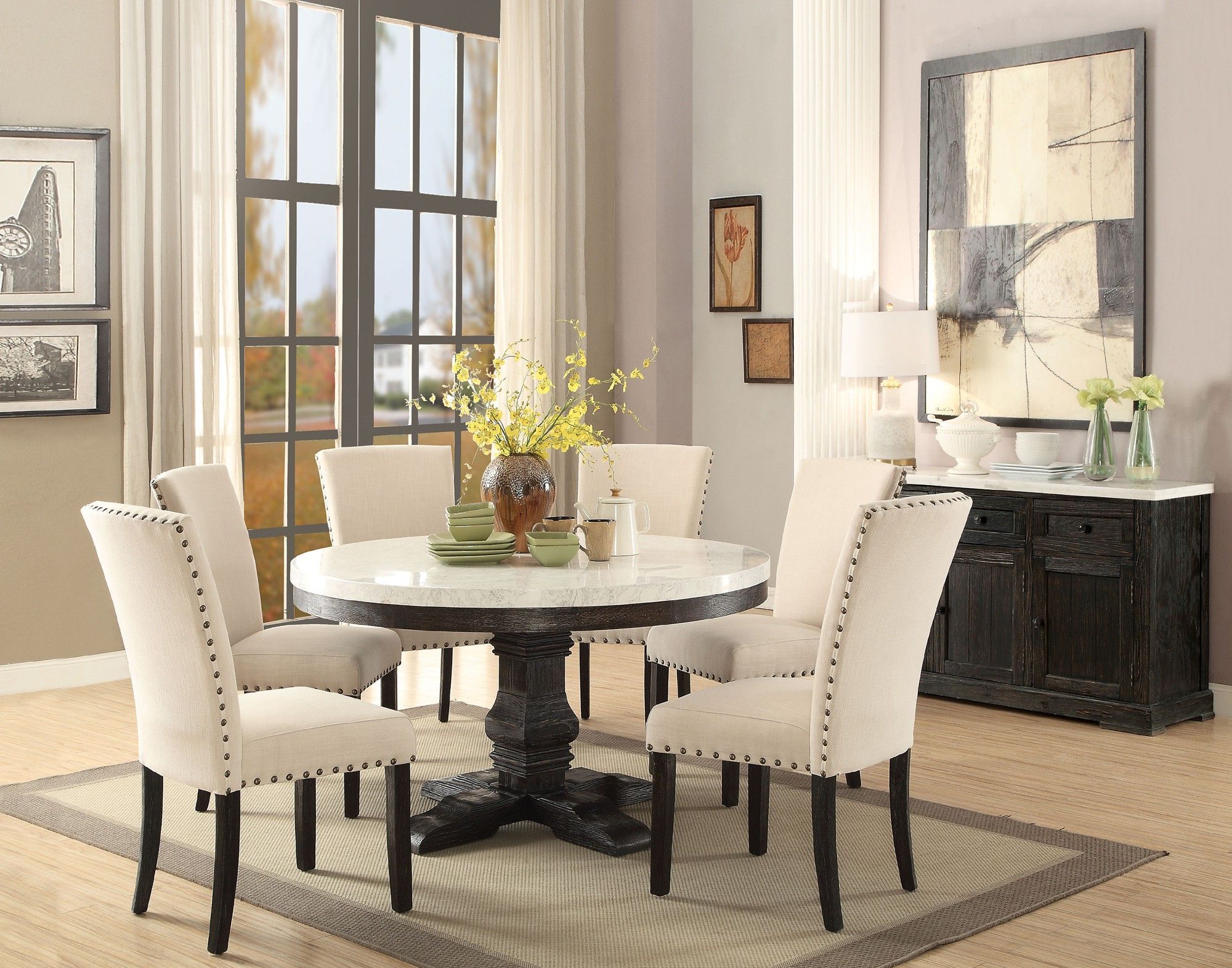 Acme 72845 Nolan 5Pcs White Marble Top Round Dining Table With Regard To Popular Nolan Round Pedestal Dining Tables (View 7 of 25)