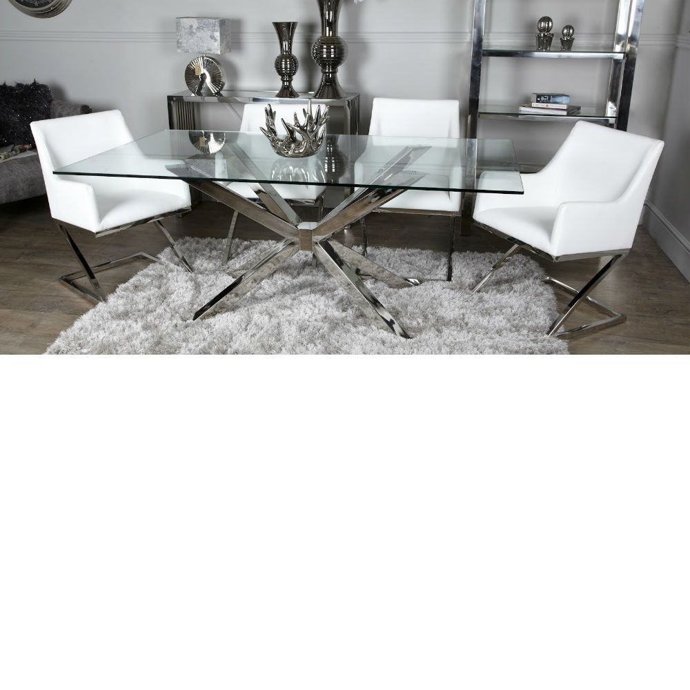 Avery Glass Chrome Dining Table Inc 4 White Chairs Inside Best And Newest Avery Rectangular Dining Tables (View 11 of 25)