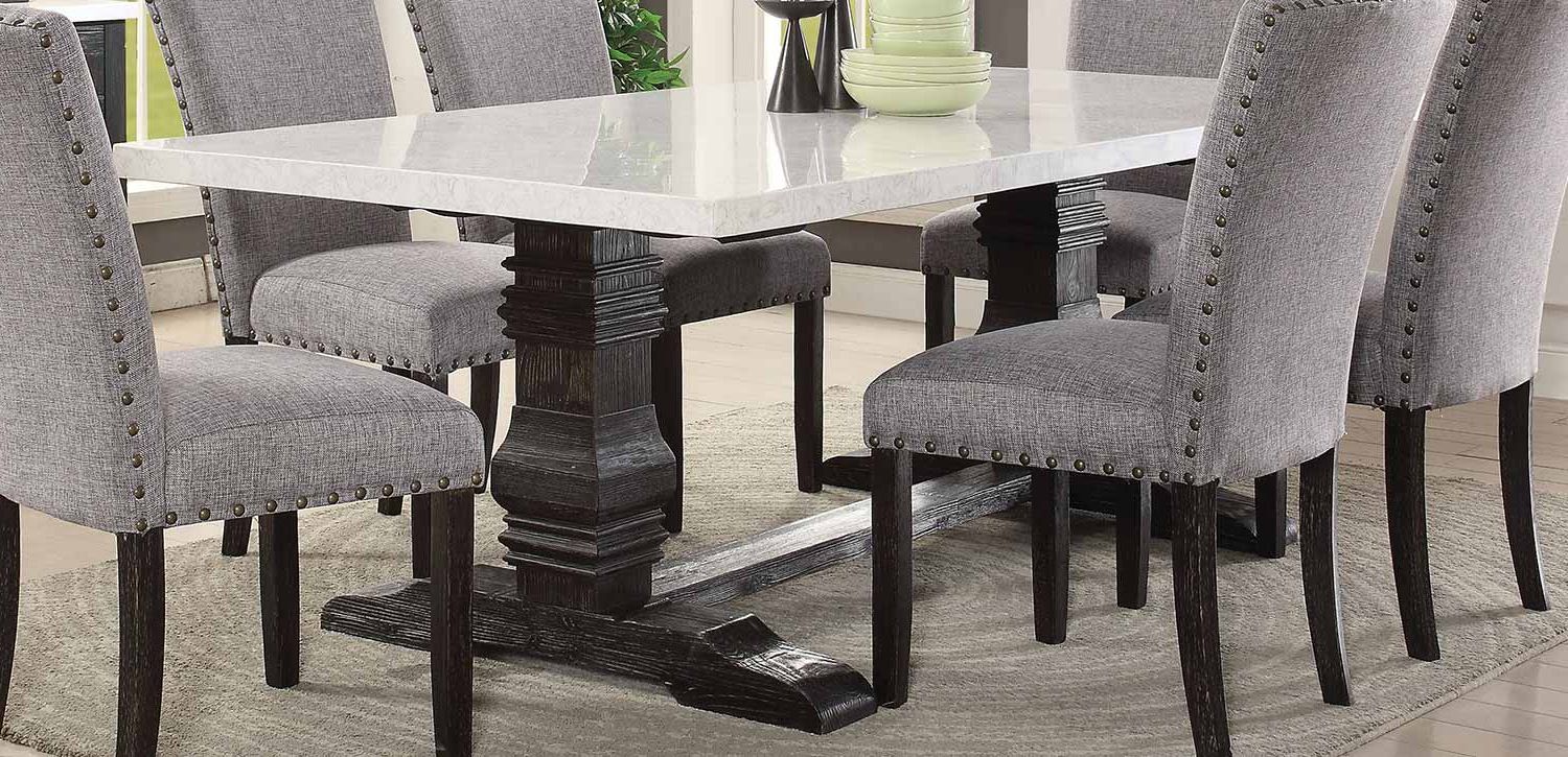 Favorite Acme Nolan Dining Table With Double Pedestal – White Marble/salvage Dark Oak Inside Nolan Round Pedestal Dining Tables (View 15 of 25)