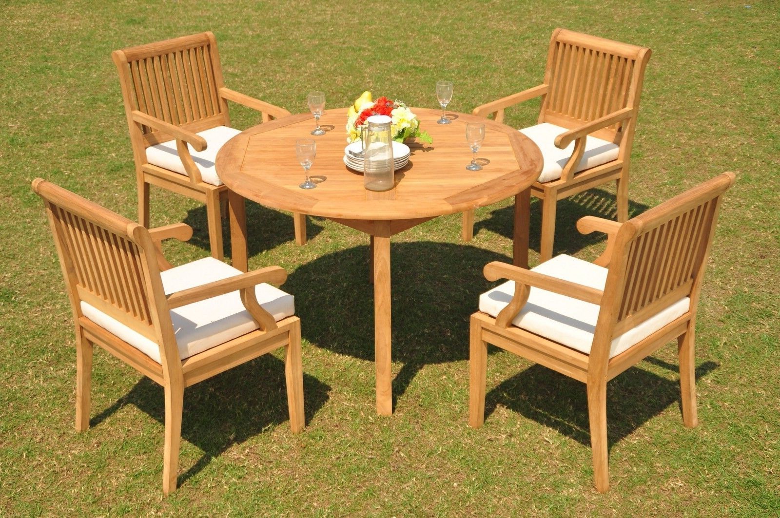 Favorite Sack Grade A Teak Wood 5Pc Dining 48" Round Table 4 Arm Chair Set Outdoor  Patio For Brooks Round Dining Tables (View 11 of 25)