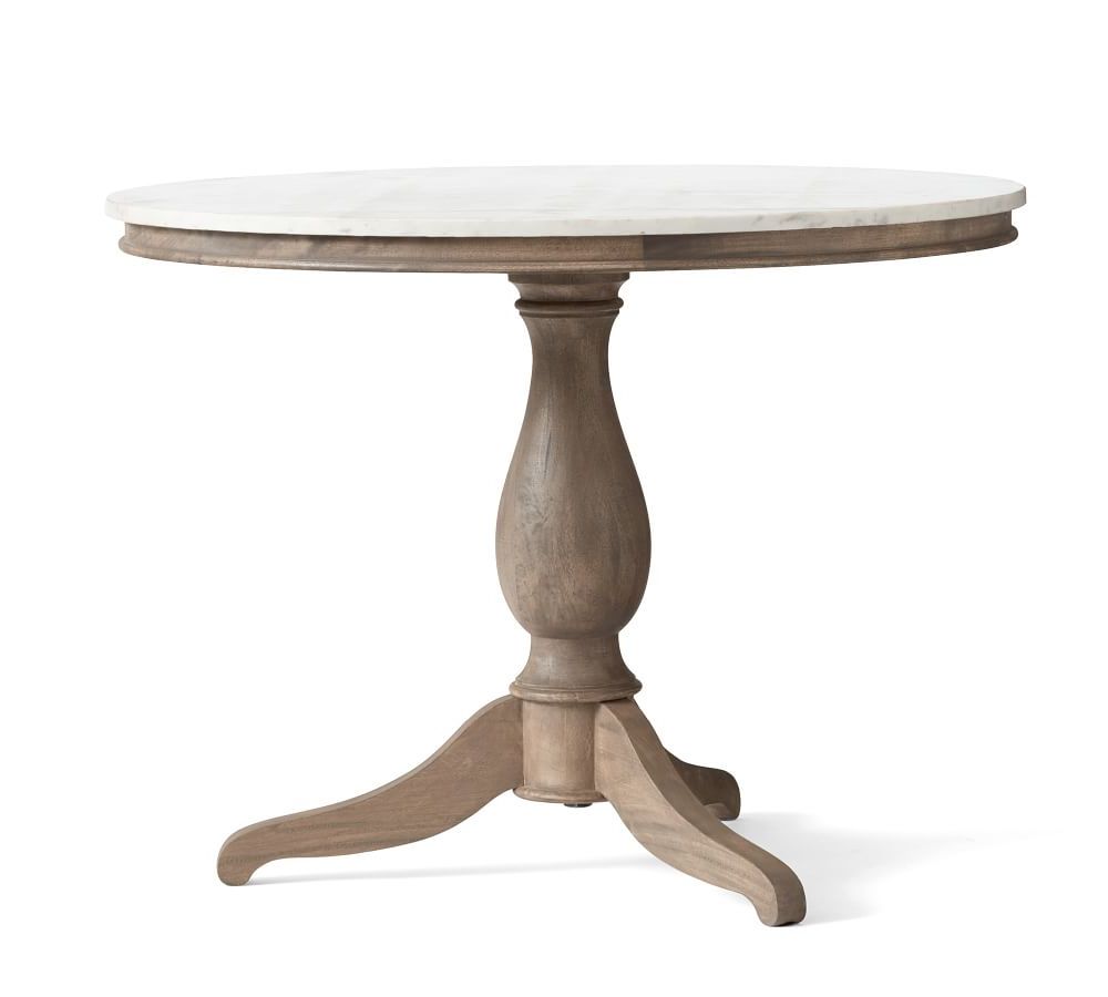 Gray Wash Benchwright Pedestal Extending Dining Tables Pertaining To Well Known Alexandra Marble Pedestal Dining Table (View 17 of 25)