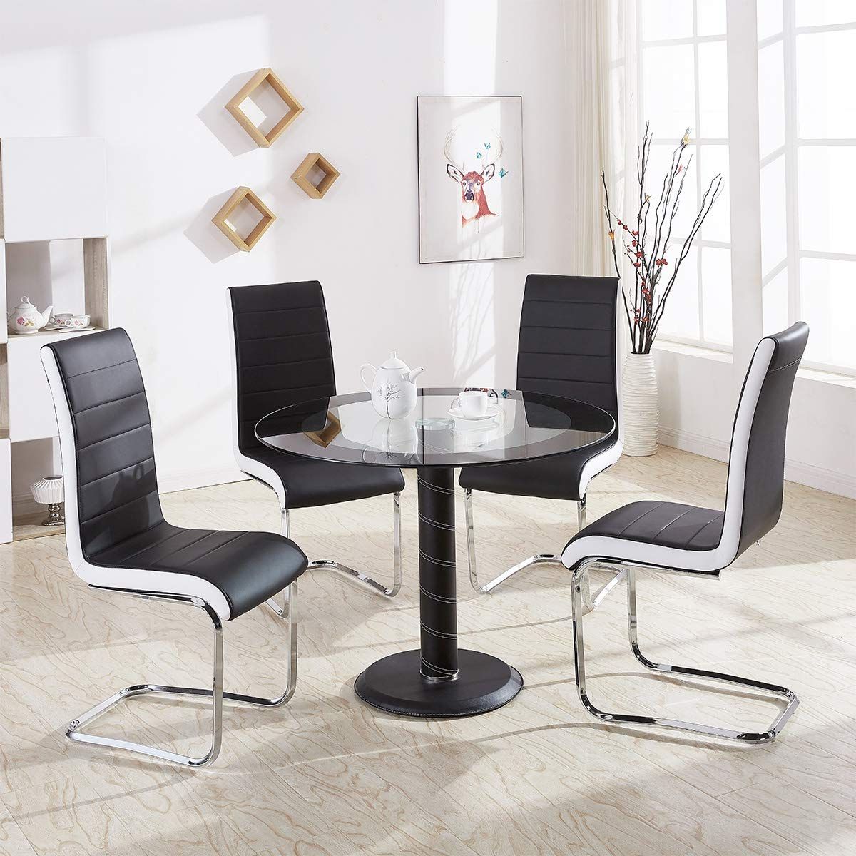 Latest Rae Round Pedestal Dining Tables Intended For Gizza Tempered Glass Pedestal Table And 4 Dining Chairs Round Marble Base  Metal Chrome Faux Leather Modern Kitchen Room Lunch Break Dining Table Set (View 11 of 25)