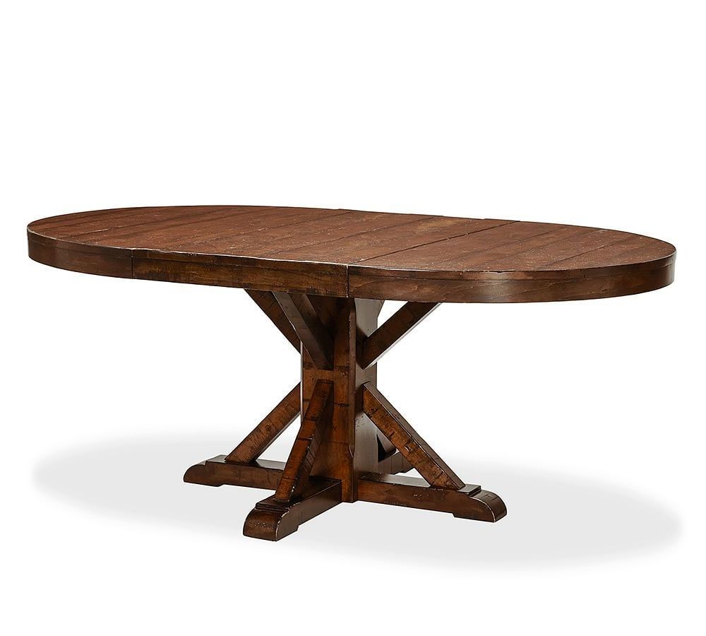 Most Current Benchwright Extending Pedestal Dining Table, Alfresco Brown With Regard To Rustic Mahogany Benchwright Dining Tables (View 3 of 25)