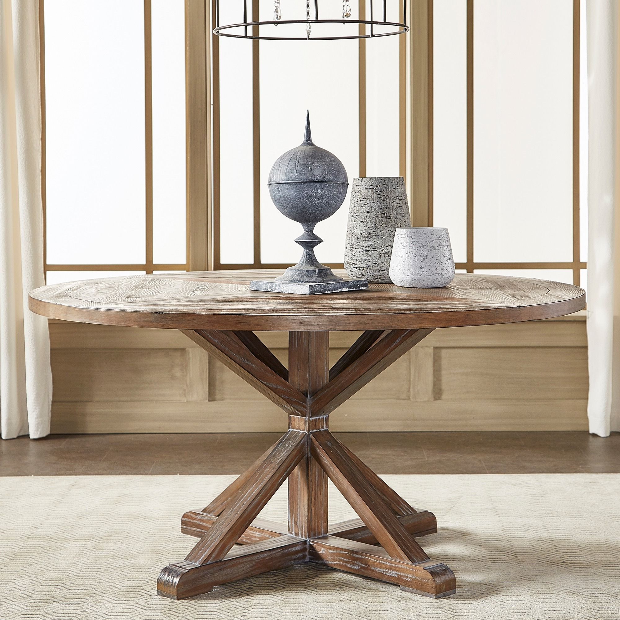 Most Current Benchwright Rustic X Base Round Pine Wood Dining Table Within Rustic Mahogany Benchwright Pedestal Extending Dining Tables (View 11 of 25)