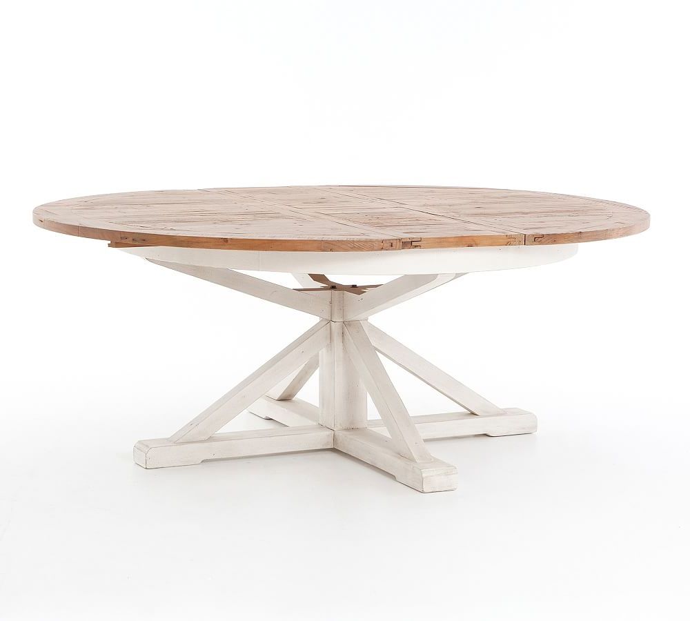 Featured Photo of 25 Photos Driftwood White Hart Reclaimed Pedestal Extending Dining Tables