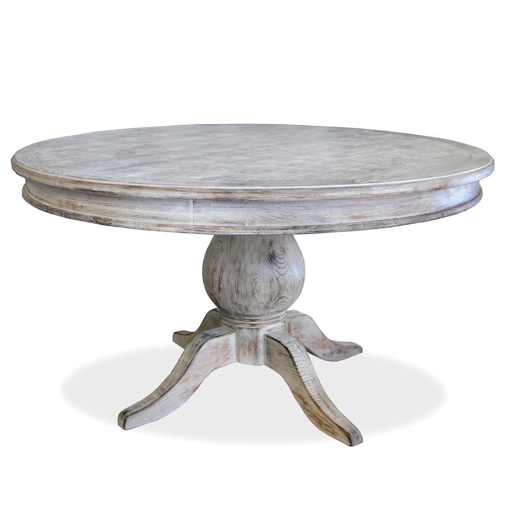 Newest La France' Reclaimed Wood Round Distressed Dining Table For Weathered Gray Owen Pedestal Extending Dining Tables (View 10 of 25)