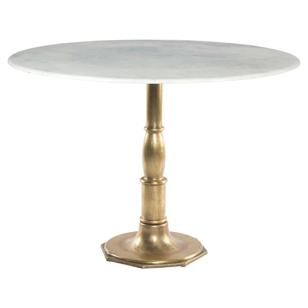 Popular French Bistro White Marble + Brass Pedestal Round Table 48 Intended For Chapman Marble Oval Dining Tables (View 10 of 25)